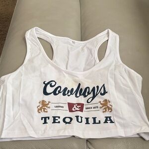 White Crop Top with Cowboys & Tequila Print
